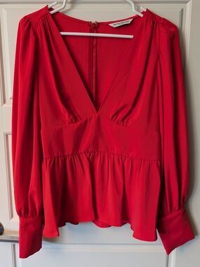 Amanda Uprichard Red Long-Sleeve V-Neck Peplum Top